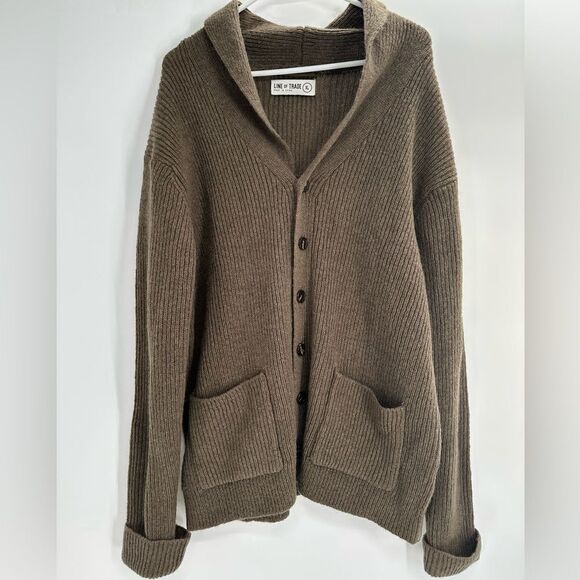Line of Trade Cardigan Sweater Men's XL Shetland Wool Green/Brown Knit - Picture 2 of 9